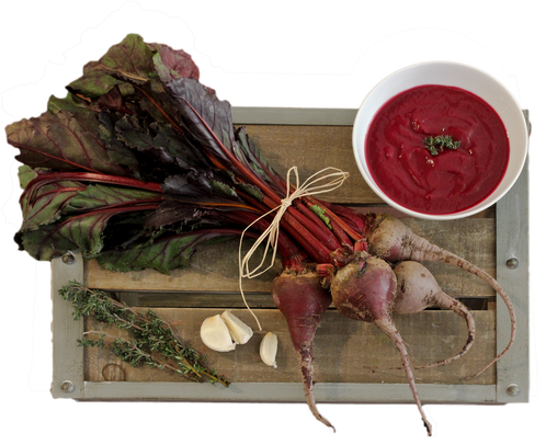 Roasted Red Beets Beet Tops Roasted Garlic Cabbage - Soupelina's Soup Cleanse: Plant-based Soups And Broths (498x406), Png Download