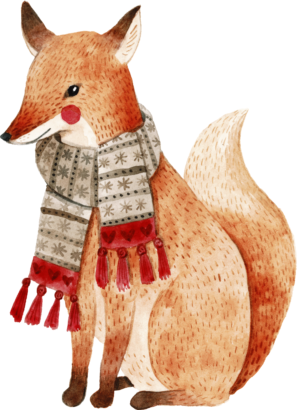 Hand Painted Fox Animal With Scarf Transparent - Christmas Raccoon Illustration (1024x1393), Png Download