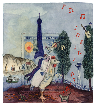With Watercolor & Gouache, Molly Rausch Presents Her - 1963 France Les Fiancees Chagall Painting Stamp Gr (450x350), Png Download