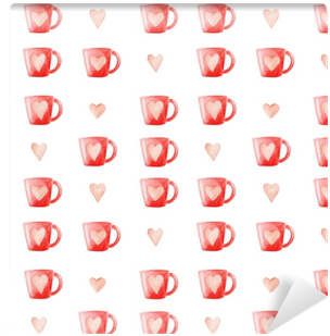 Watercolor Coffee Mugs And Hearts Pattern - Mug (400x400), Png Download