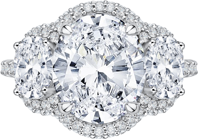 Qro0042k 40w - Oval Three Stone Half Moon Halo Engagement Anniversary (1000x1000), Png Download