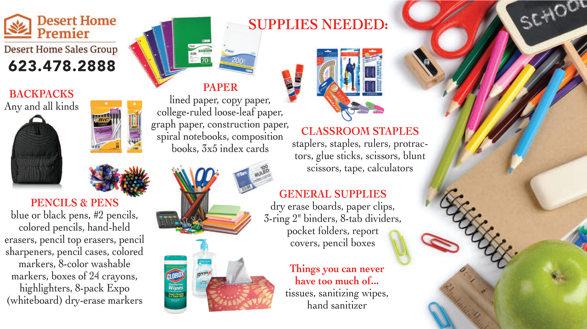 Desert Home Premier's Back To School Supply Drive - Office Supplies (1930x1072), Png Download