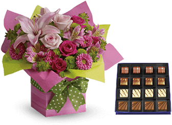 Pretty Pink Present Bouquet With Guilty Pleasures Chocolate - Happy Birthday Sylvia Flowers (340x425), Png Download
