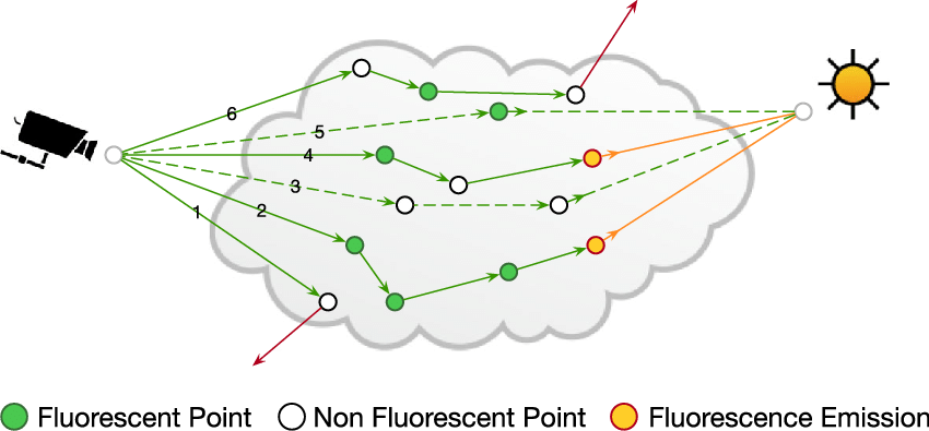 The Green And Yellow Rays Are Transported At Λ M And - Multiple Scattering Path Tracing (850x395), Png Download