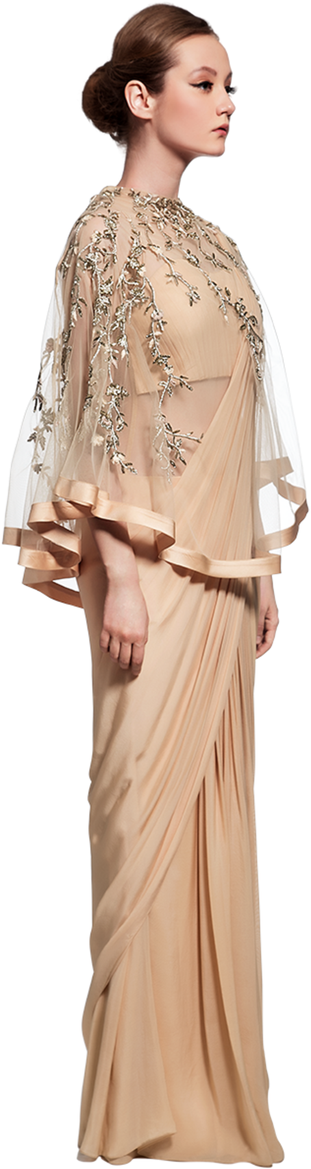Draped Champagne Saree Gown And Cape - Champagne (1044x1720), Png Download