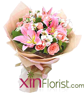 1 Stalk Stargazer & 6 Stalks Roses - Xin Florist & Gifts Centre (350x350), Png Download