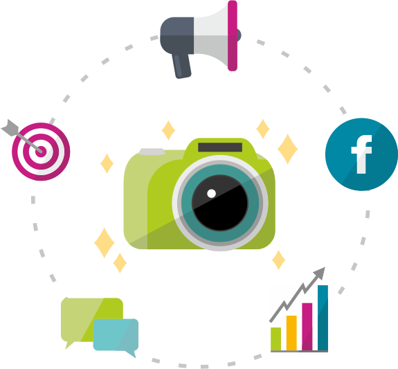 A Camera With Marketing Icons Around It - Marketing (575x533), Png Download