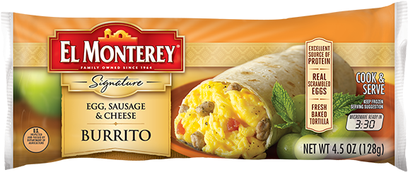 Egg, Sausage & Cheese Frozen Burrito - El Monterey Signature Burrito, Egg, Sausage, Cheese (600x262), Png Download