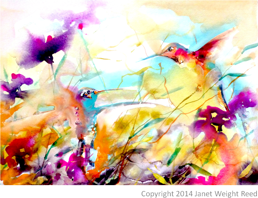 "field Flirtation" Hummingbird Print By Janet Weight - Feld-flirt- Kolibri-druck Quadratische Wanduhr (1052x1052), Png Download