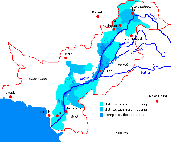 Map Of Flooding Along The Indus River In - River Map Of Pakistan (707x600), Png Download