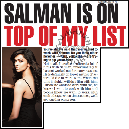 "salman Khan Is On The Top Of My List Of Actors I Want - Salman And Deepika Movie List (500x500), Png Download