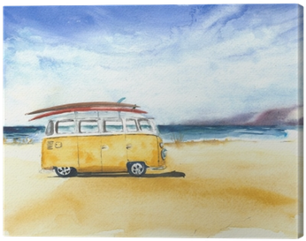 Beach Landscape Minivan Surfboards Yellow Bus Travel - Watercolor Painting (400x400), Png Download