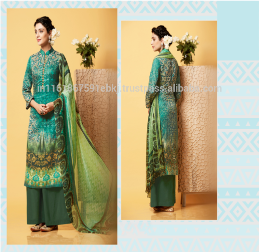 2017 Latest Design Green Colored Cotton Satin Printed - Green Printed Cotton And Satin Semi Stitched Salwar (516x640), Png Download