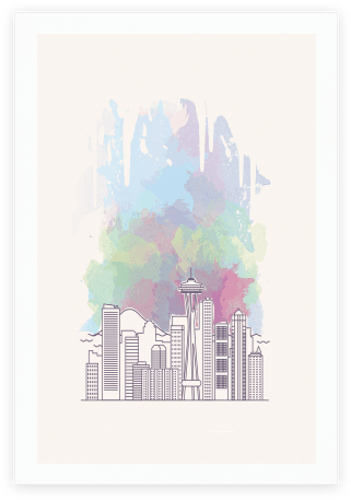Seattle Graphic Watercolor Cityscape Poster - Skyline (484x484), Png Download
