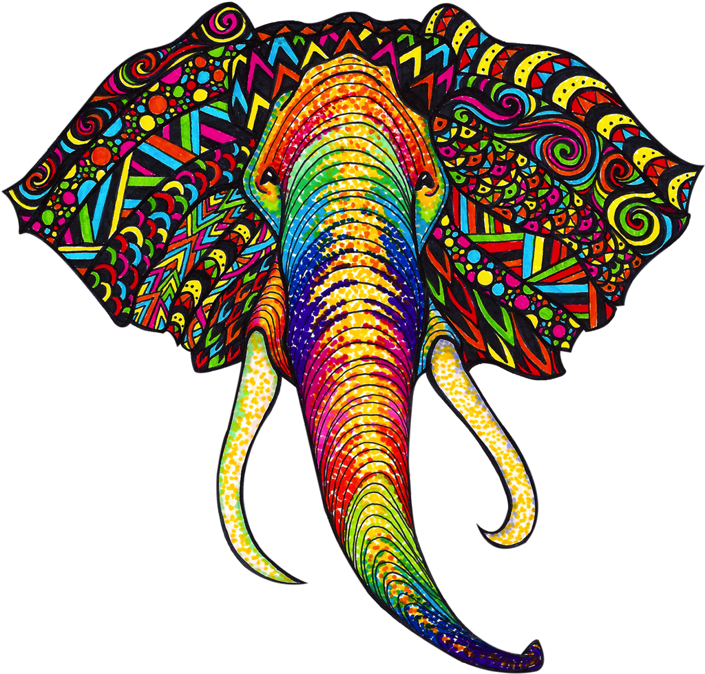 Elephant Drawing Colorful - Colorful Tribal Animals (1024x1008), Png Download