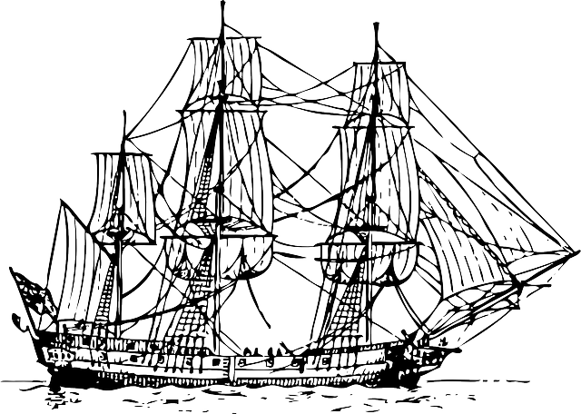Old, Outline, Sailing, Ship, Boat, Pirate, Automatic - Outline Sailing Ship (640x456), Png Download