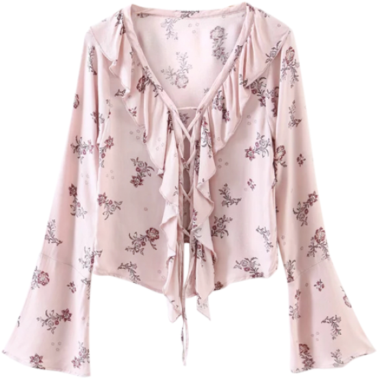 Printed Lace Up Frilly Blouse - Frilly Shirt (558x744), Png Download