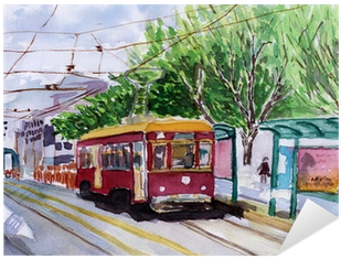 Reproduction D'art Streetcar Watercolor Sketch Par (400x400), Png Download