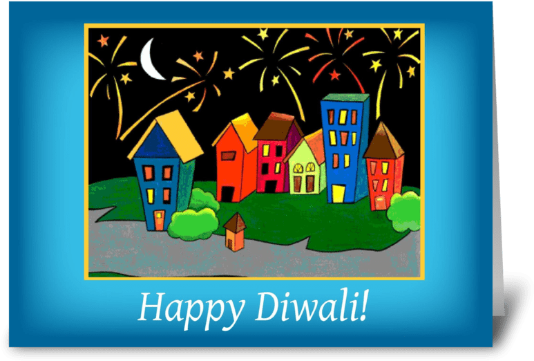 Diwali Neighborhood, Celebration Greeting Card - Diwali With Fireworks In Neighborhood, Hindu Card (848x698), Png Download