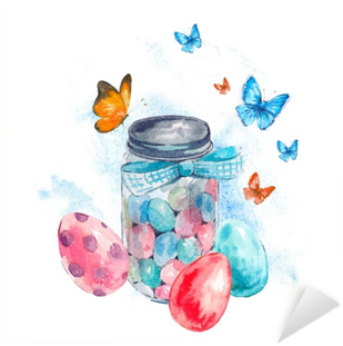 Watercolor Glass Jar With Candy, Butterfly And Eggs - Watercolor Painting (400x400), Png Download