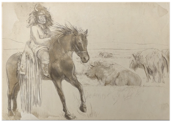 Indian Chief Riding A Horse, Watching Buffalo Herd - Stallion (400x400), Png Download