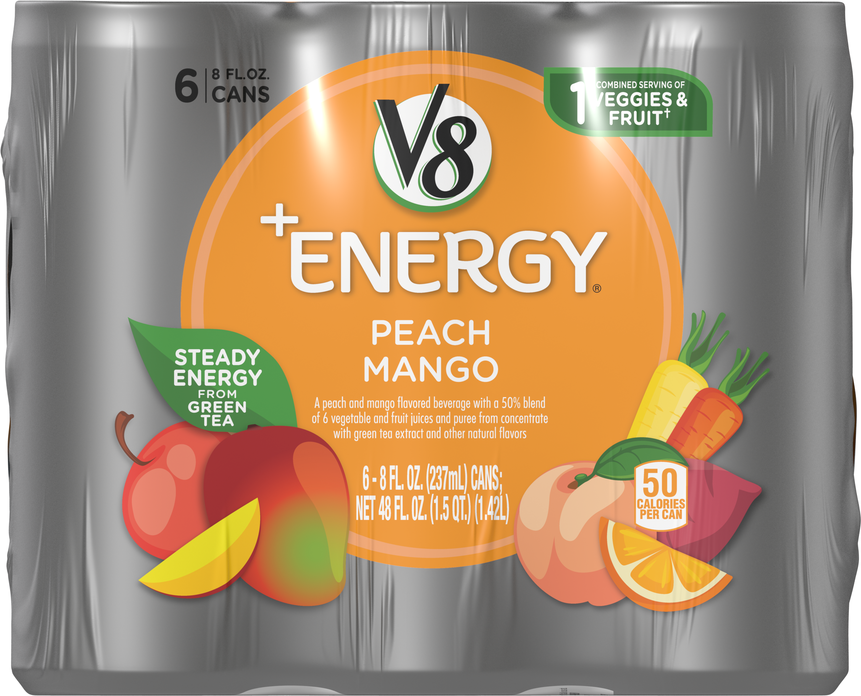 V8 Energy, Juice Drink With Green Tea, Peach Mango, - V8 Energy Peach Mango (3000x3000), Png Download