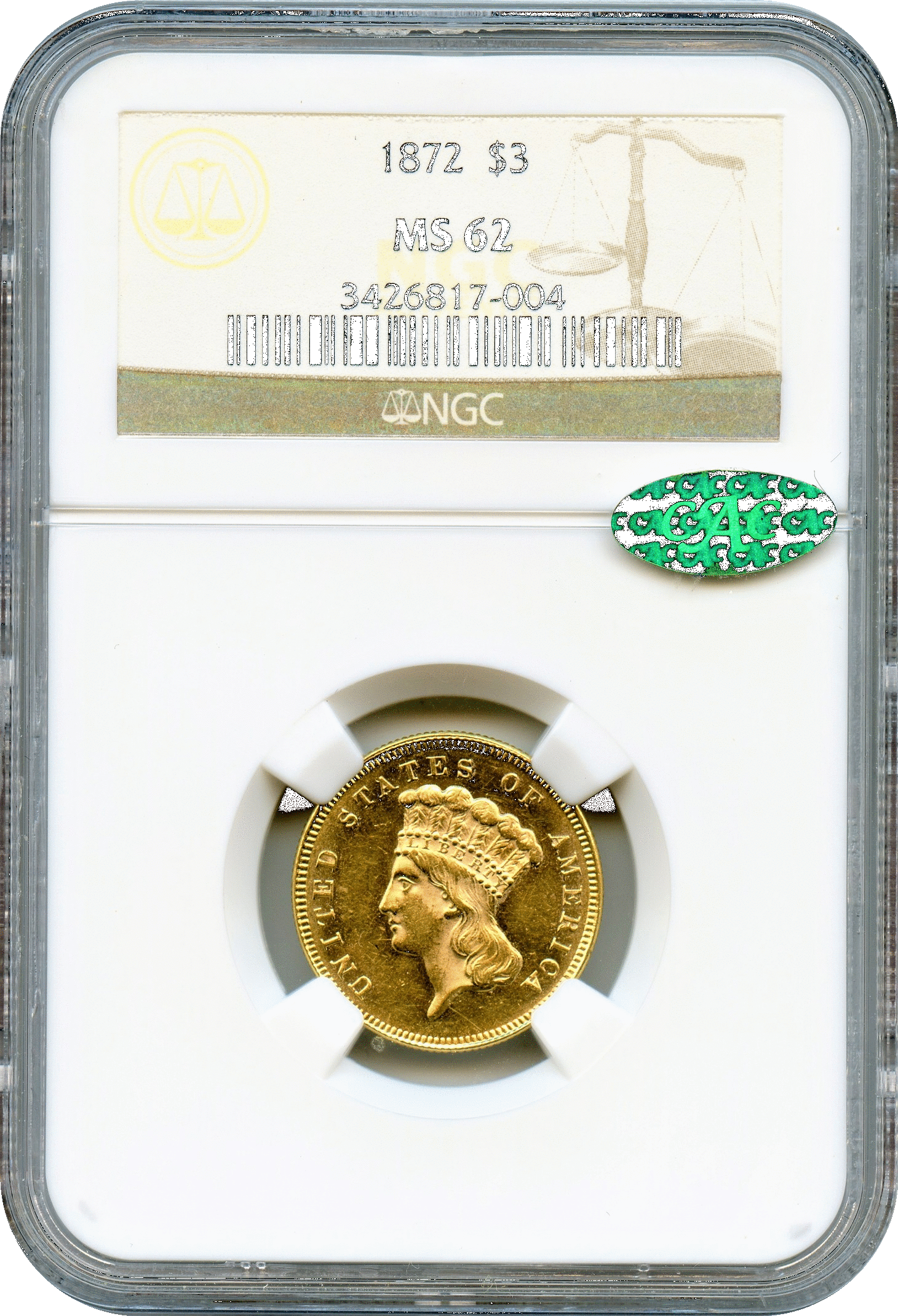 1872 $3 Gold Indian Princess Ngc Ms62 ****** Cac & - アンティークコイン アメリカ 20ドル金貨リバティヘッド 1903 Ngc/c (1460x2141), Png Download