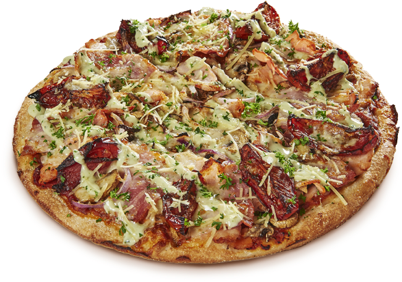Oven-roasted Chicken, Pesto Pizza Sauce, Rasher Bacon, - Chicken Png Pizza (600x455), Png Download