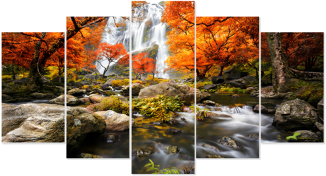 Autumn Waterfalls 5 Piece Canvas - 60x40cm Cascade Horloge Murale Tableau Deco Moderne (480x480), Png Download