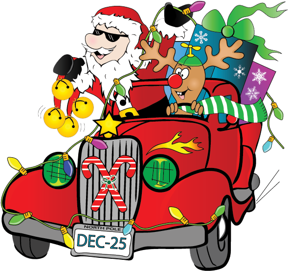 Santa Claus Packs His Sleigh For Flat Rock Trip - Hot Rod Santa (595x561), Png Download