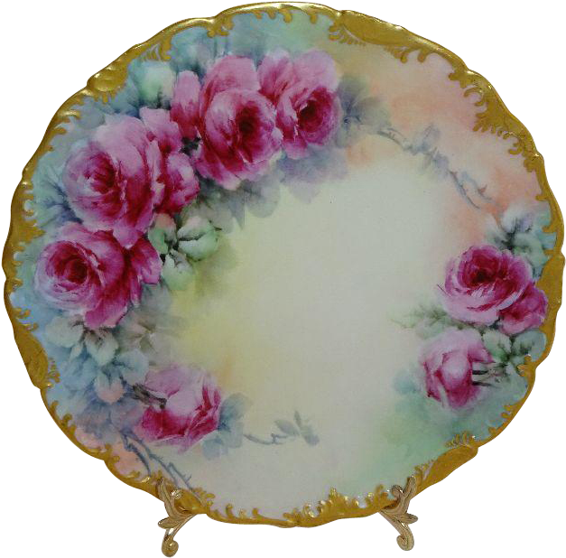 Antique Limoges France Plate Hand Painted Pink Roses - Rose (626x626), Png Download