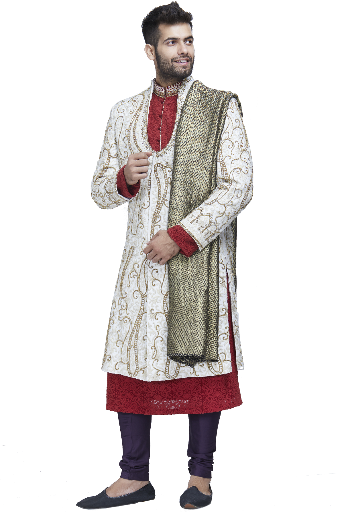 Ivory 4 Piece Sherwani Set - Indian Sherwani Image Png (1200x1800), Png Download