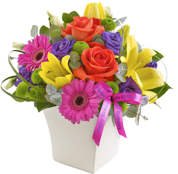 Happy Birthday Vibrant Exquisite Arrangement - Happy Birthday Flower Arrangements (600x600), Png Download