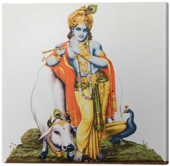 Image Of Hindu God Krishna With Cow, Peacock , Flute - Lord Krishna With Cow (400x400), Png Download