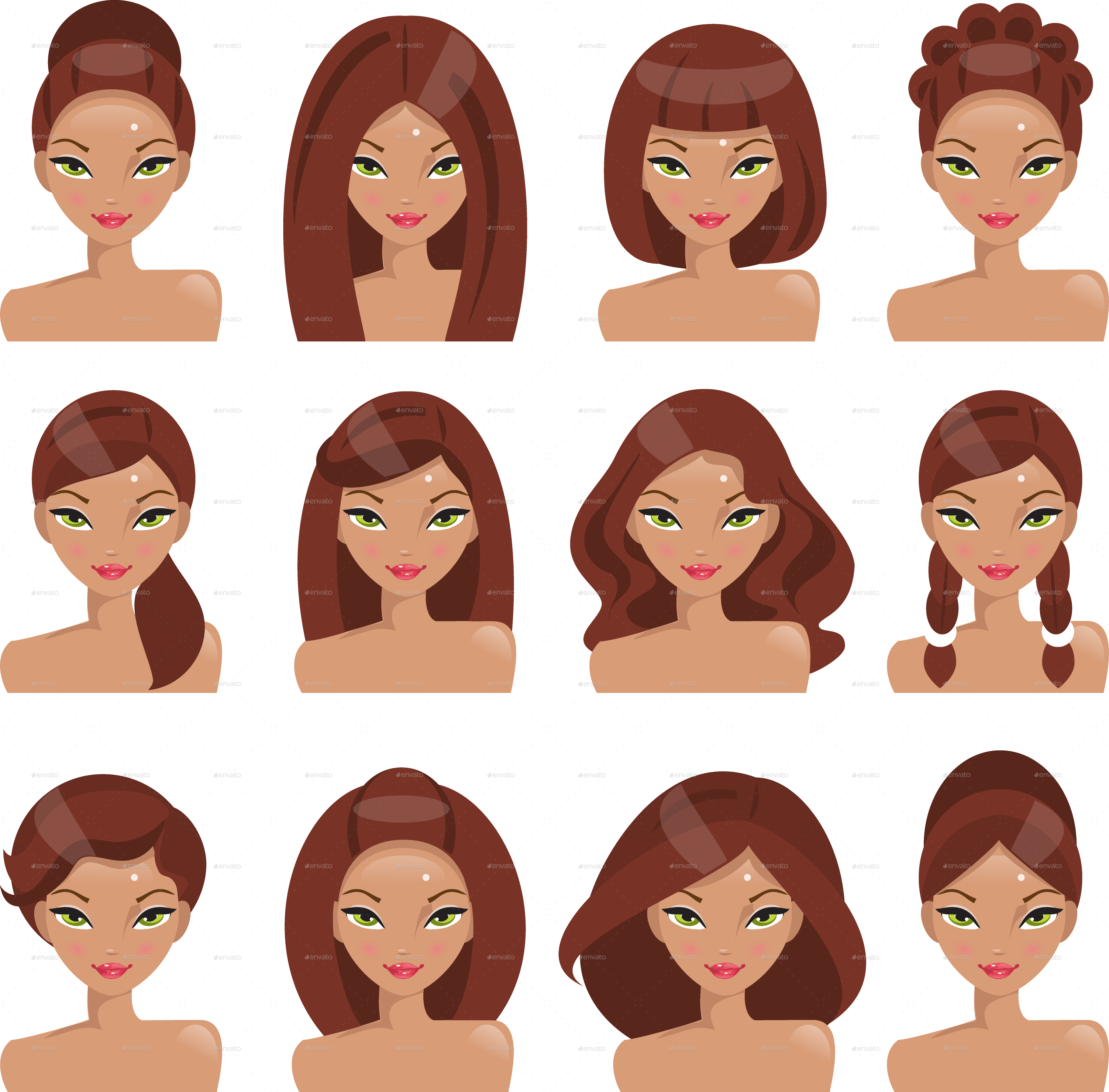 Set Of Girls With Different By Artbesouro - Different Female Hair Styles (3649x3593), Png Download