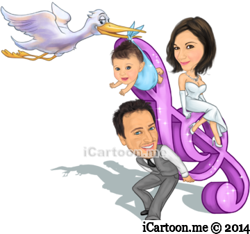 Stork Bringing Baby And Treble Clef - Cartoon (360x337), Png Download