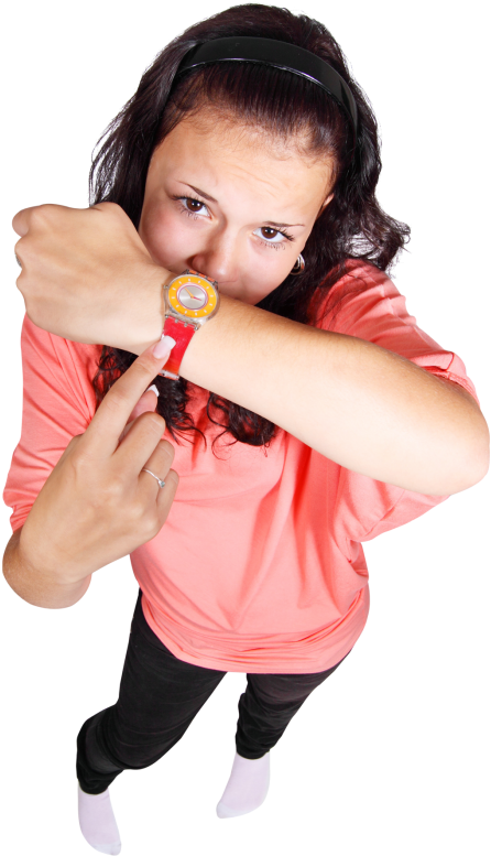Happy Young Girl Pointing Finger At Her Watch Png Image - Pointing To Watch Png (500x830), Png Download