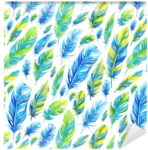 Seamless Watercolor Pattern With Blue And Green Feathers - Feather (400x400), Png Download