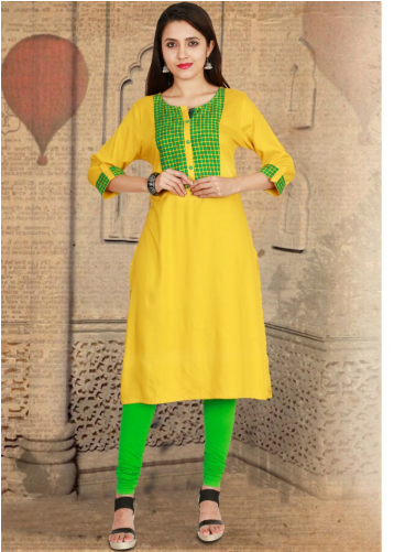 Indijoy Kurta- Yellow With Green Patch Neck - A-line (500x500), Png Download
