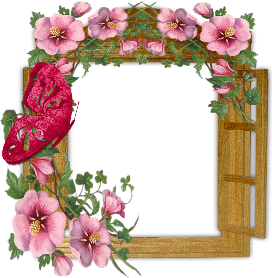 Wooden Winow With Flowers And Butterfly Transparent - Flowers Photo Frame Download (1000x1000), Png Download