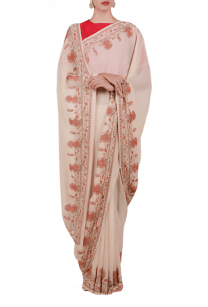 Off White Suzani Embroidered Georgette Saree - Silk (300x442), Png Download