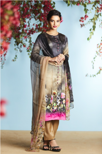 Ochre And Black Party Wear Suit - Printed Punjabi Salwar Suit (600x600), Png Download