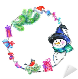 Watercolor Painting Background With Snowman And Decoration - Watercolor Painting (400x400), Png Download