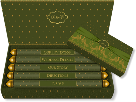 Royal Peacock Box Wedding Card In Green And Gold With - Royal Indian Wedding Card Designs (610x487), Png Download