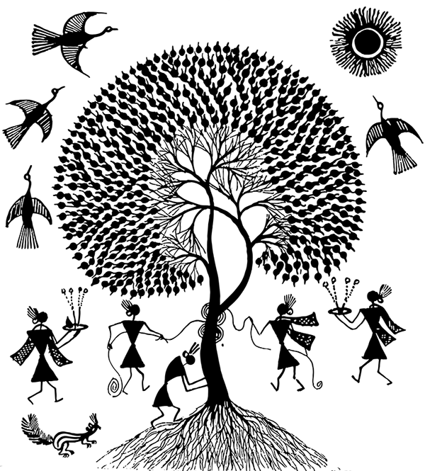E - Warli Art Black And White (600x665), Png Download