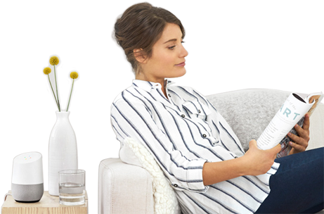 Woman In Chair Listening To Google Home Music - Google Home User (460x500), Png Download