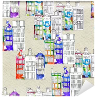 Seamless Pattern Eith Watercolor Amsterdam Houses Wall - Watercolor Painting (400x400), Png Download