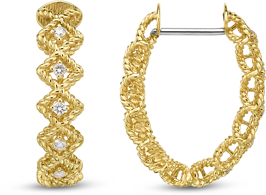 Roberto Coin New Barocco Yellow Gold Diamond Hoop Earrings (1600x1600), Png Download