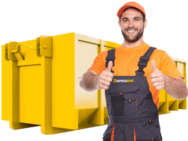 Yellow Dumpster Background With Worker - Dumpster (764x575), Png Download