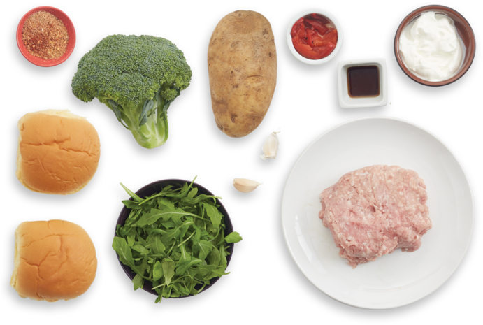 Smoky Pork Burgers With Roasted Vegetables & Piquillo - Broccoli (700x477), Png Download
